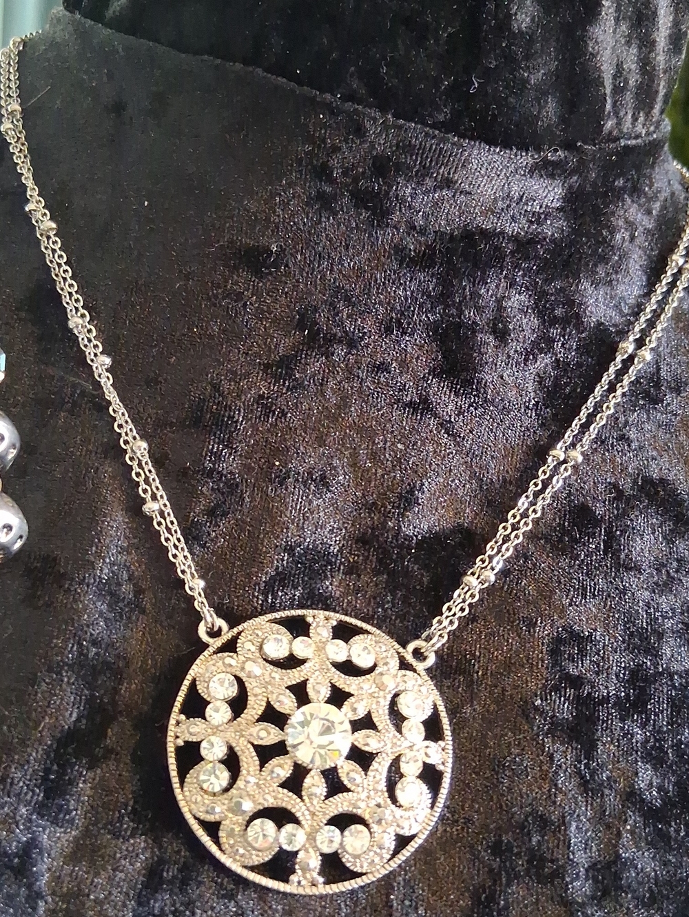 Cookie Lee Silver-Tone Crystal Filigree Round Pendant Necklace